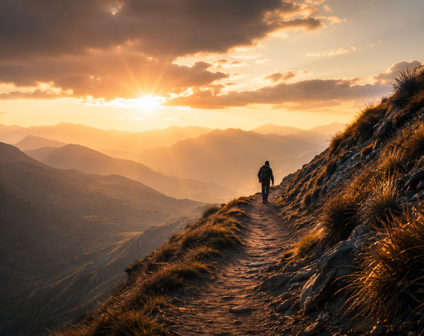 A lone figure walking up a misty mountain trail at dawn