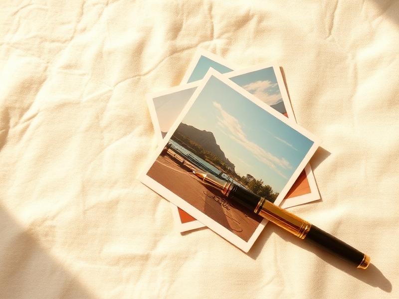 Stack of old film postcards and a fountain pen on cream linen