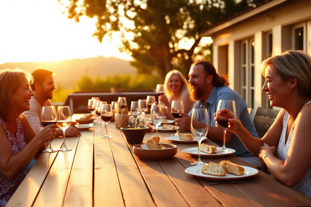 Warm candid scene of friends gathered around an outdoor table at sunset