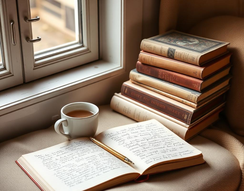 Stack of books, a notebook with handwritten notes, and a cup of tea in a window seat
